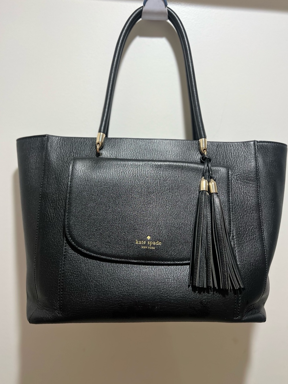 kate spade Black Leather Tote with Tassel Detail